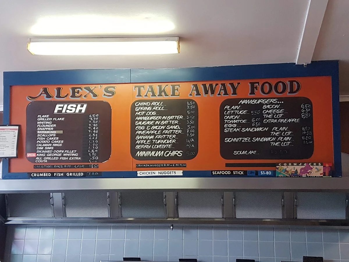 Menu, Alex's Fish and Chips and Take Away Food