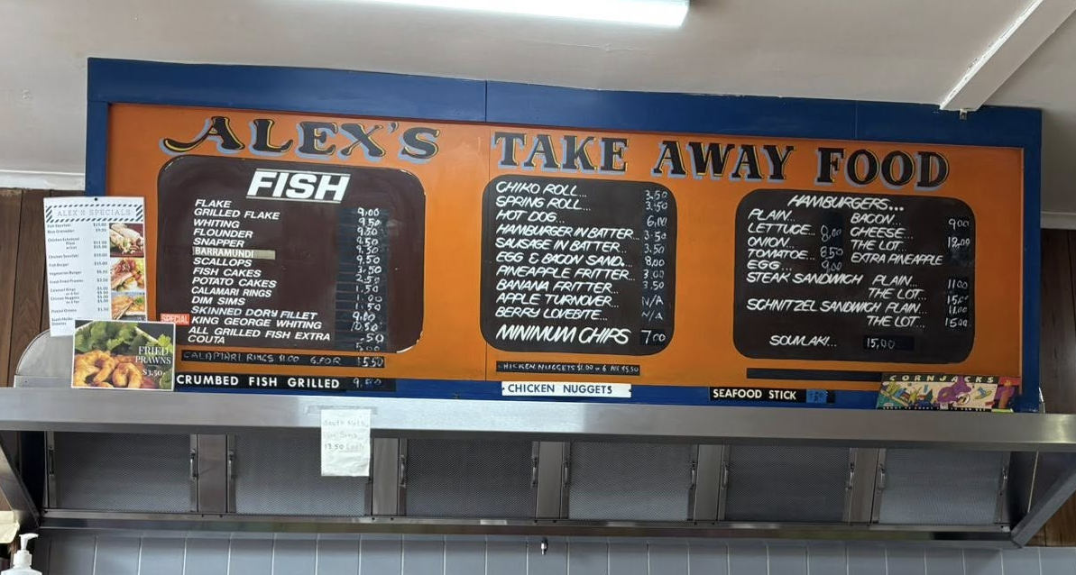 Menu, Alex's Fish and Chips and Take Away Food