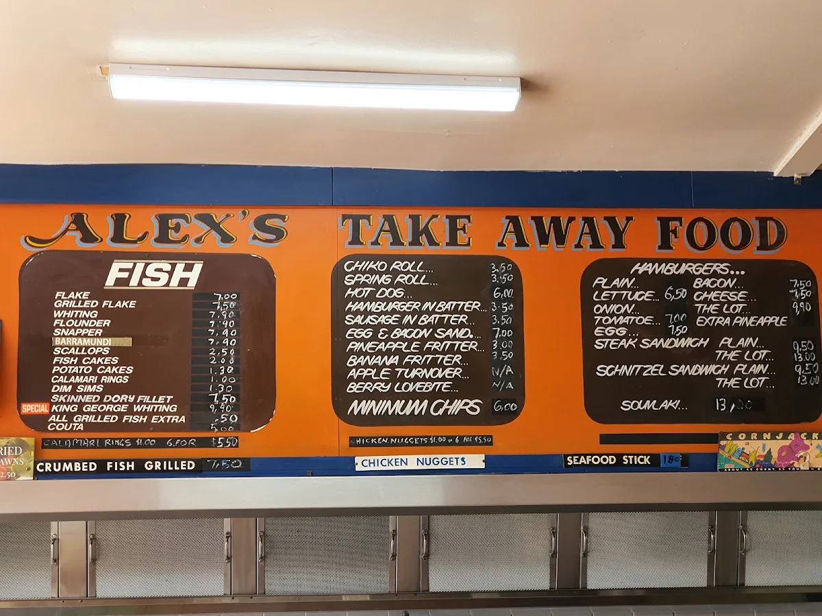 Menu, Alex's Fish and Chips and Take Away Food
