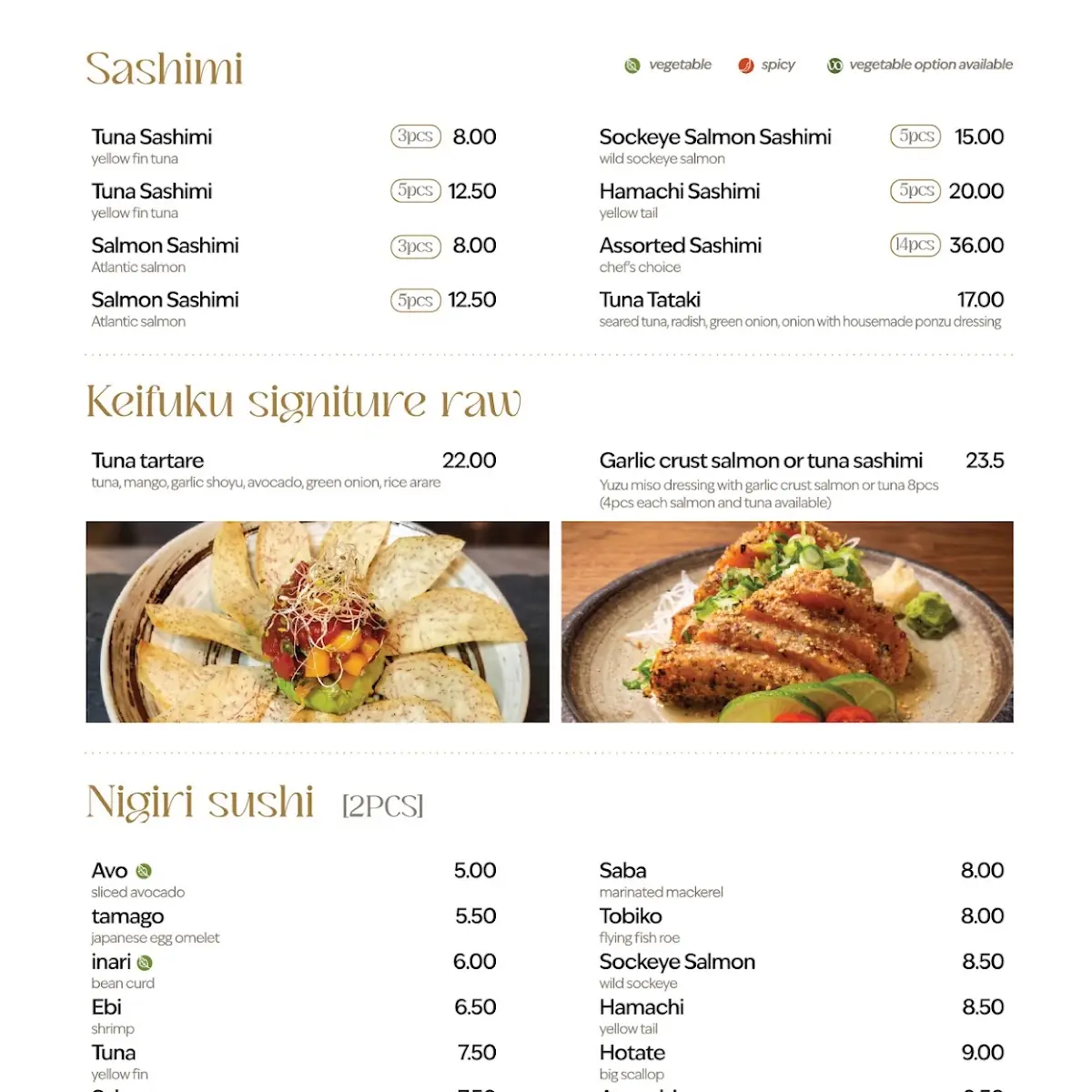 Menu, Keifuku Japanese Restaurant
