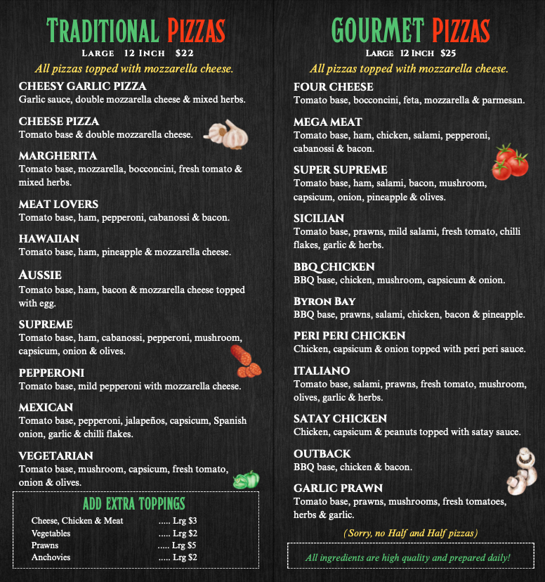 Menu, Italian Pizza Town
