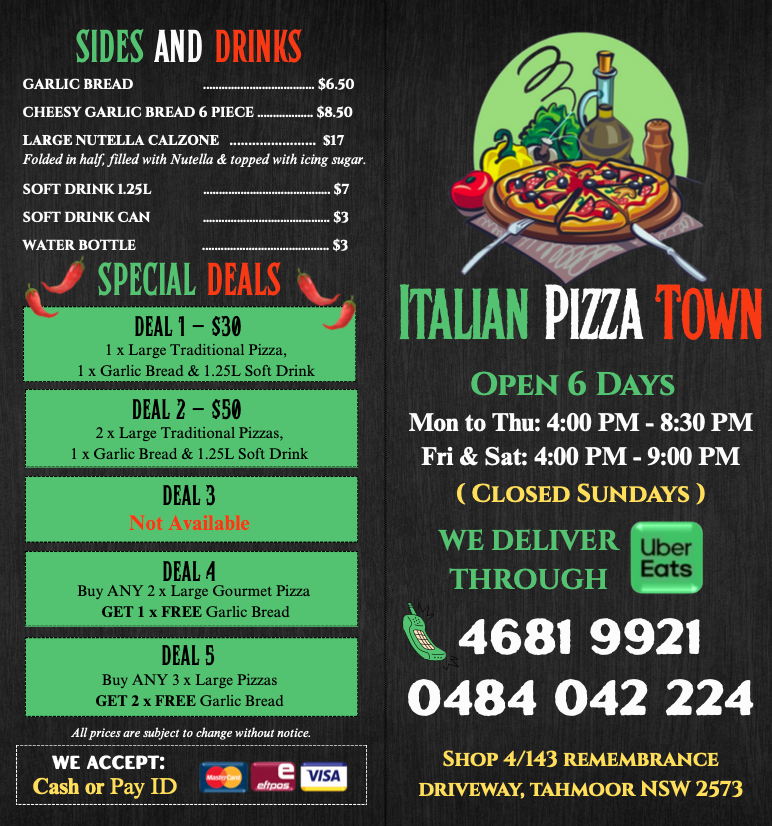 Menu, Italian Pizza Town
