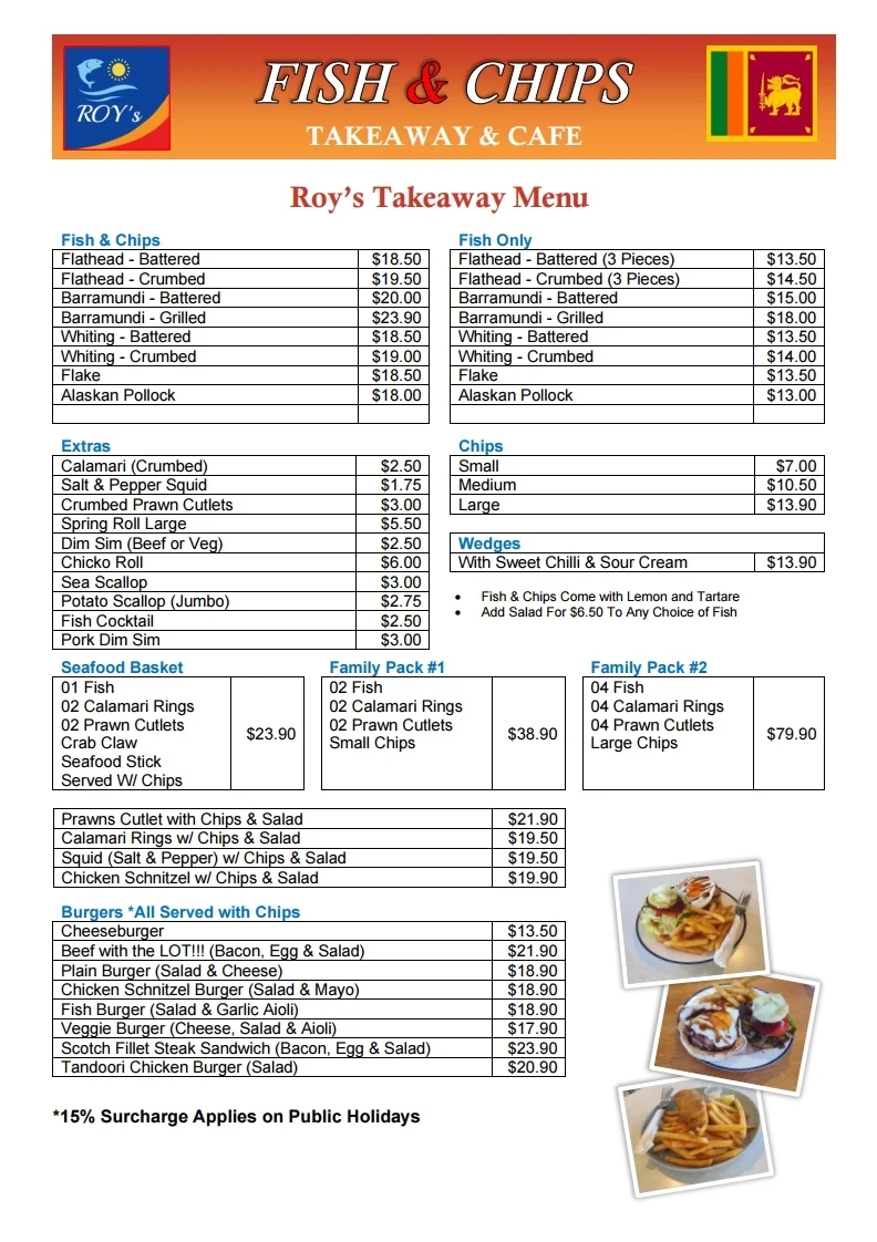 Menu, Roy's Fish and Chips Take Away Café & Sri Lankan Cuisine