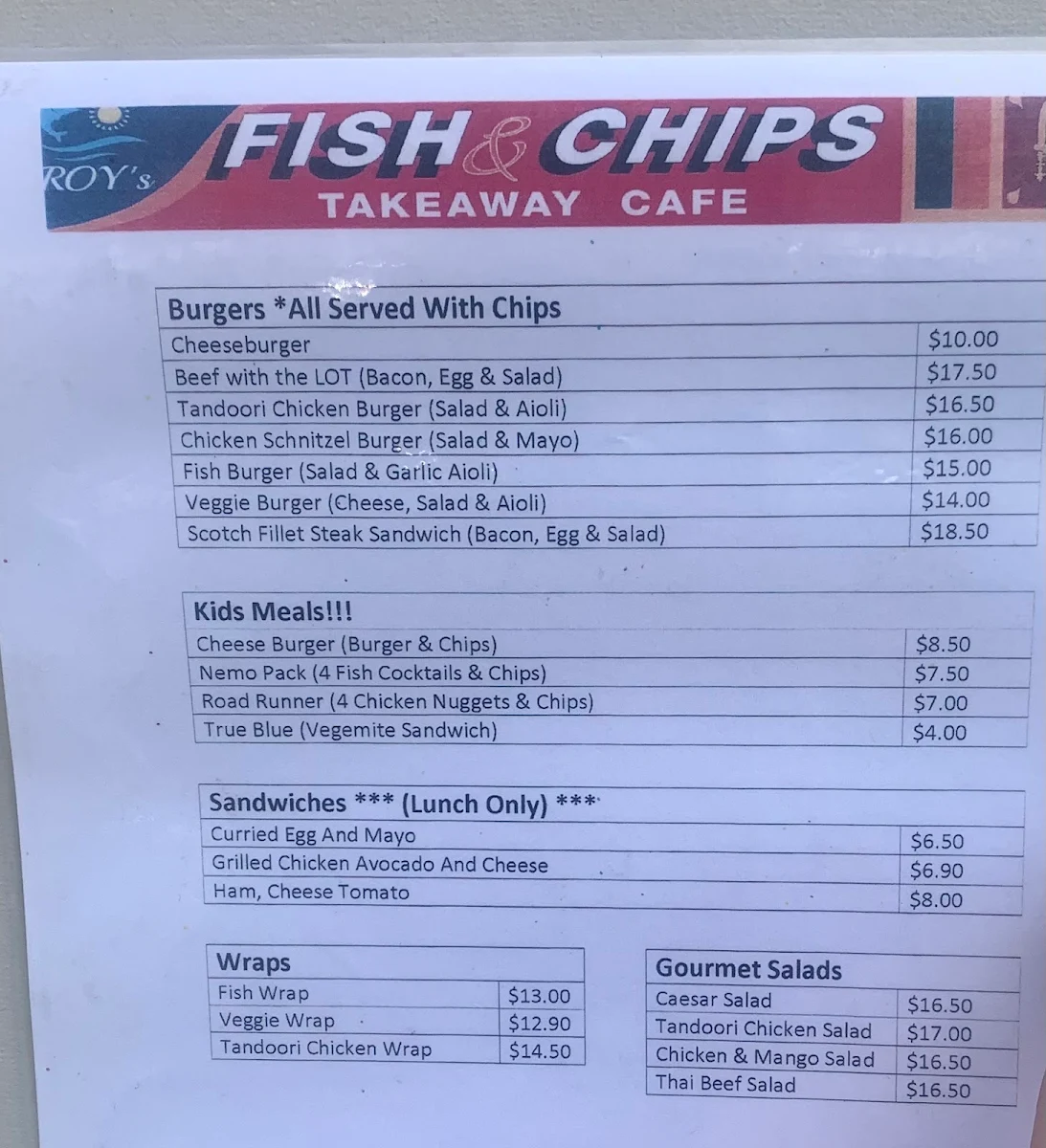 Menu, Roy's Fish and Chips Take Away Café & Sri Lankan Cuisine