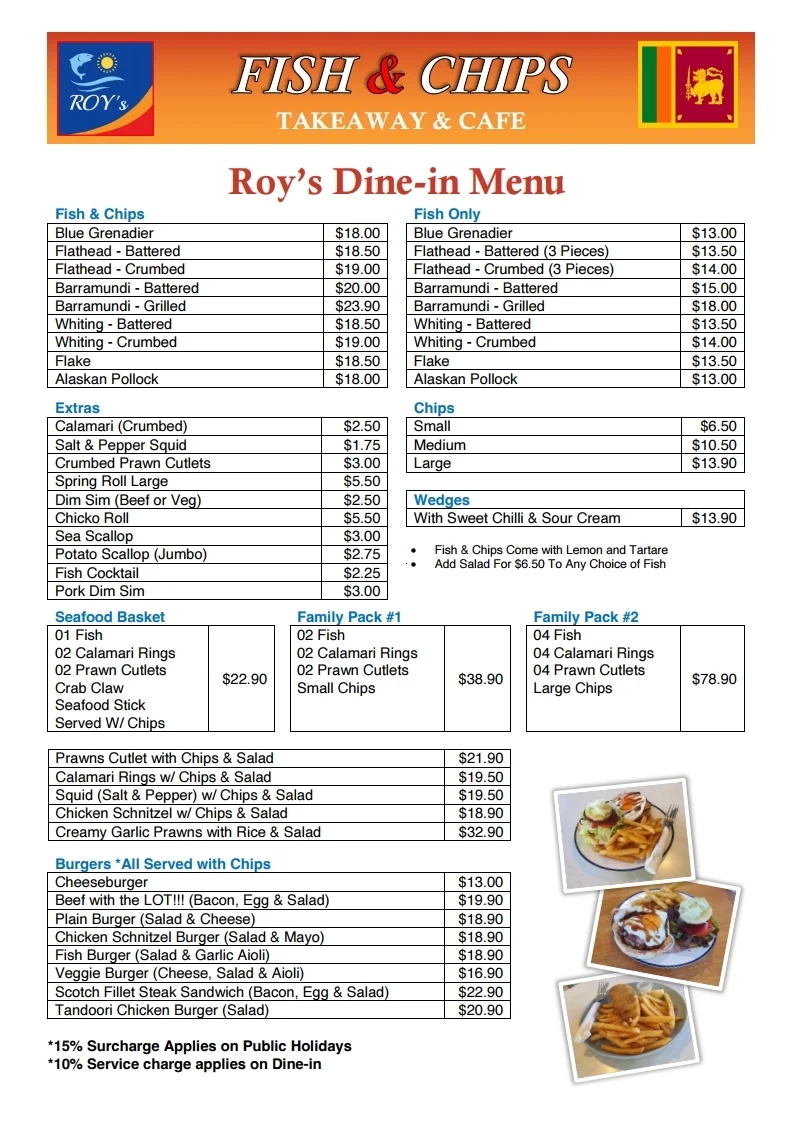 Menu, Roy's Fish and Chips Take Away Café & Sri Lankan Cuisine