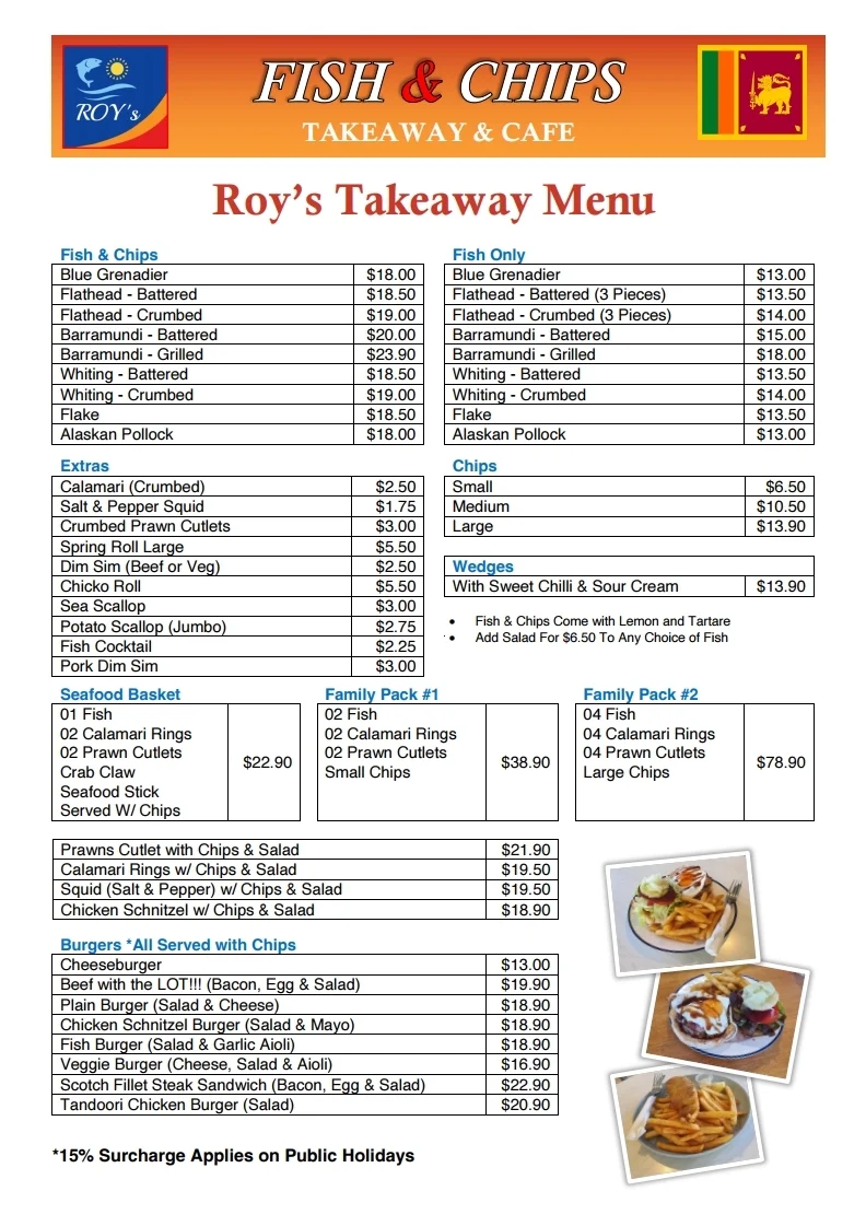 Menu, Roy's Fish and Chips Take Away Café & Sri Lankan Cuisine
