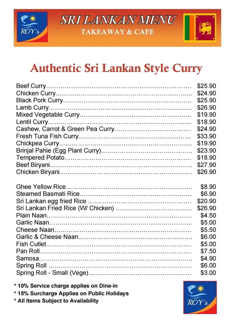 Menu, Roy's Fish and Chips Take Away Café & Sri Lankan Cuisine