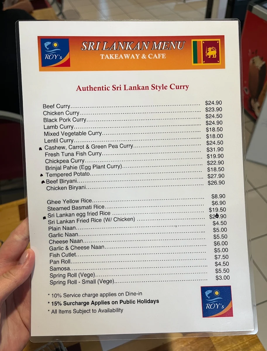 Menu, Roy's Fish and Chips Take Away Café & Sri Lankan Cuisine