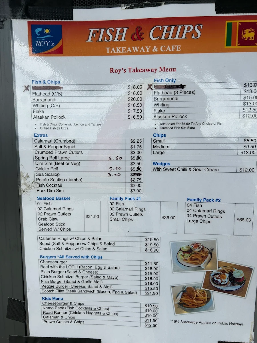 Menu, Roy's Fish and Chips Take Away Café & Sri Lankan Cuisine
