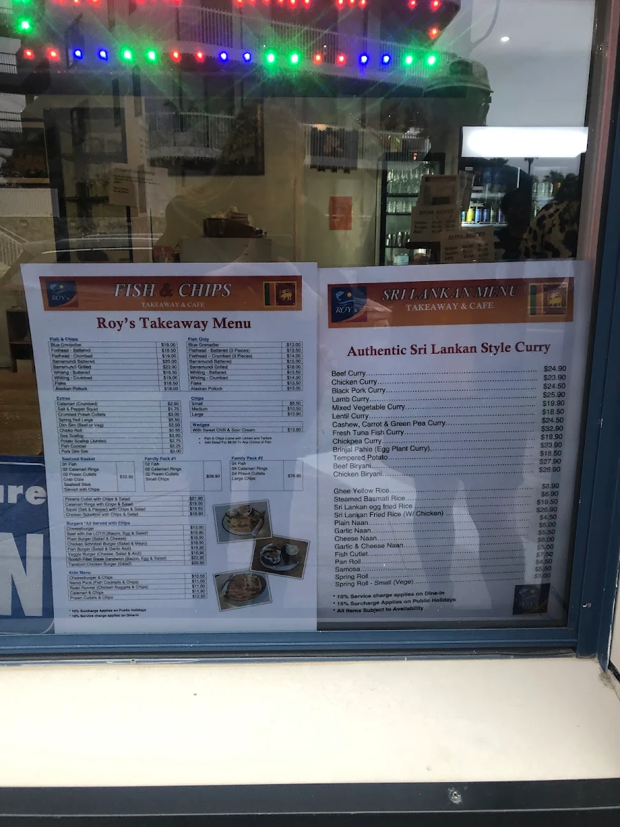 Menu, Roy's Fish and Chips Take Away Café & Sri Lankan Cuisine