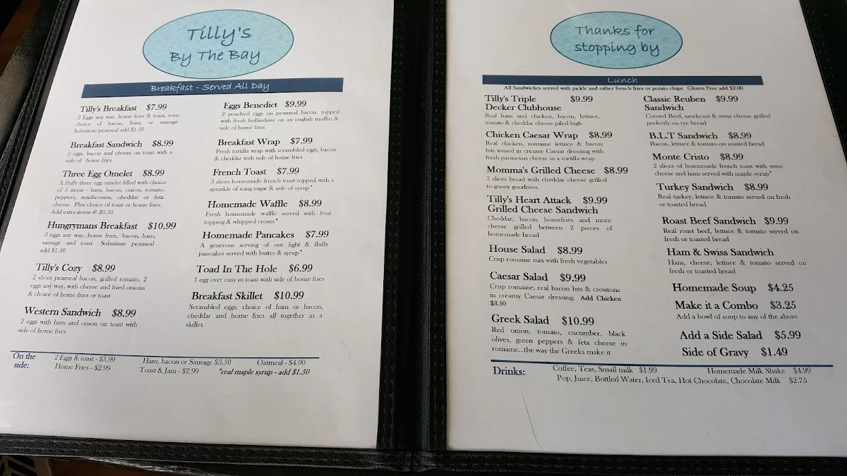 Menu, Tilly's By The Bay Café & Bakery