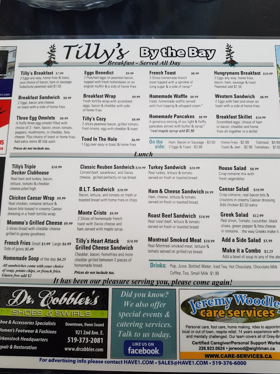 Menu, Tilly's By The Bay Café & Bakery