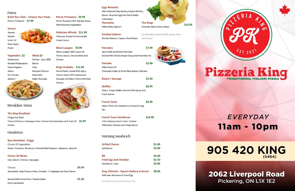 Menu, Pizzeria King