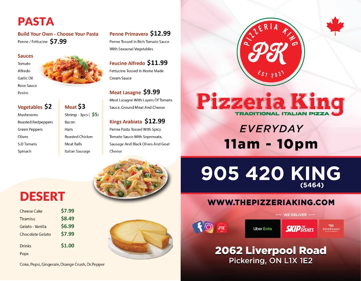 Menu, Pizzeria King
