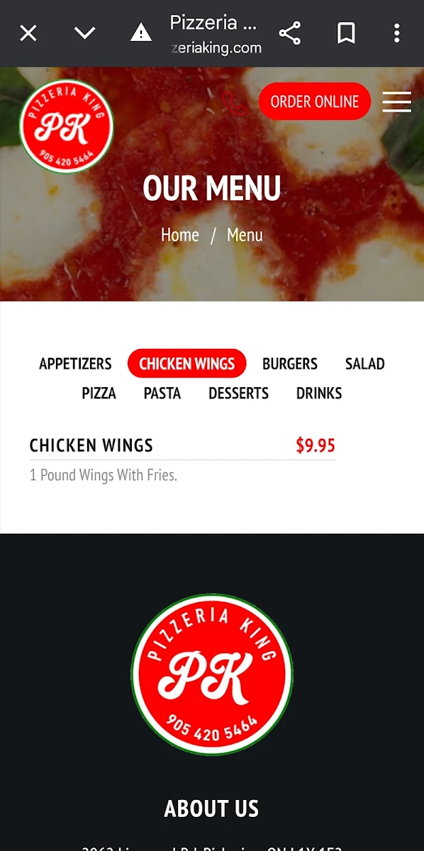 Menu, Pizzeria King
