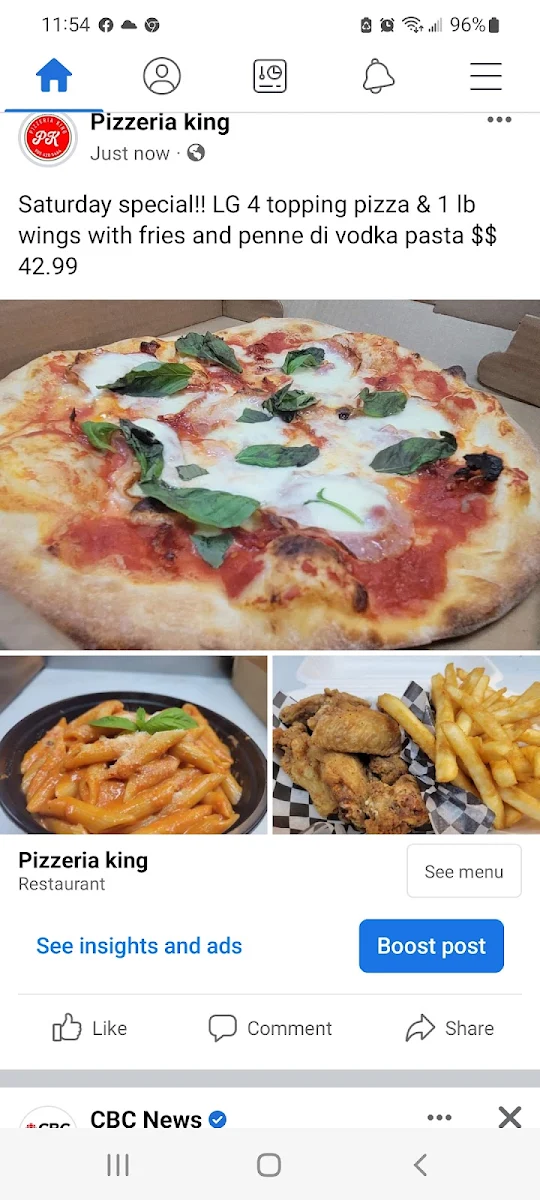 Menu, Pizzeria King