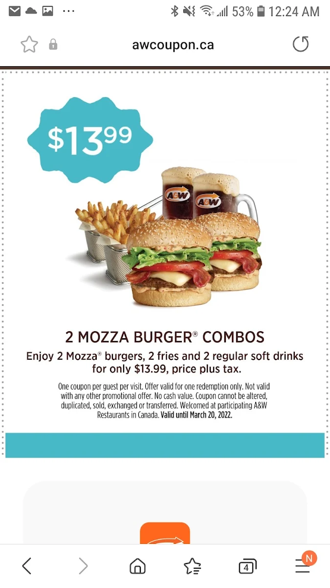 Menu, A&W Canada