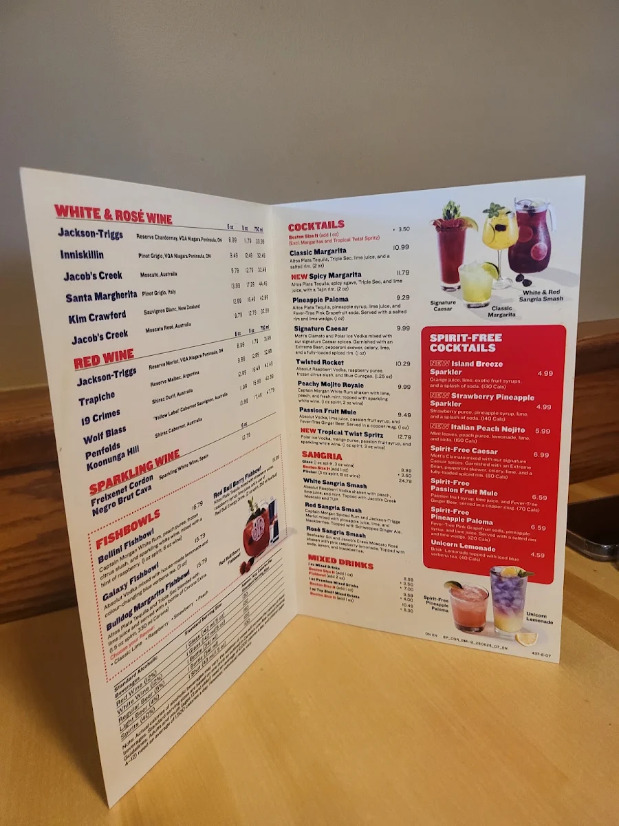Menu, Boston Pizza