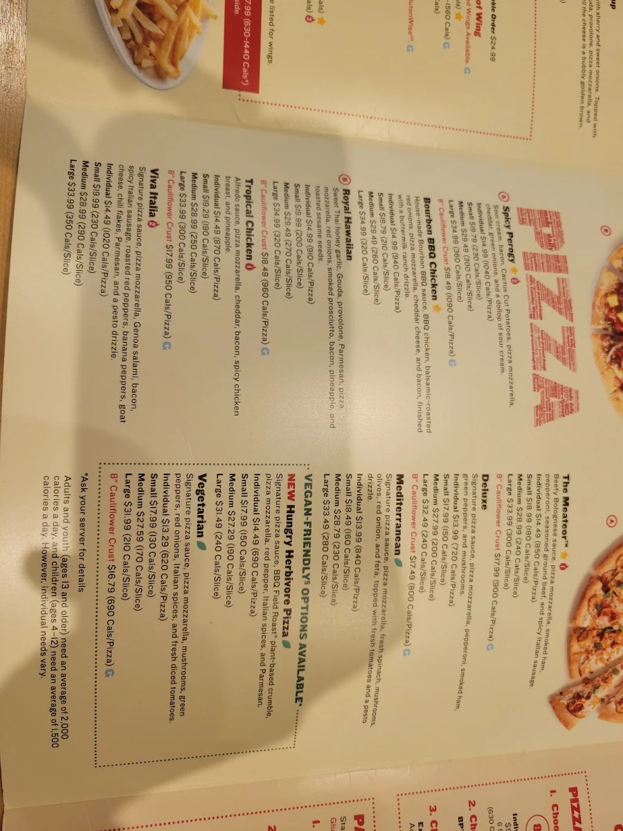 Menu, Boston Pizza