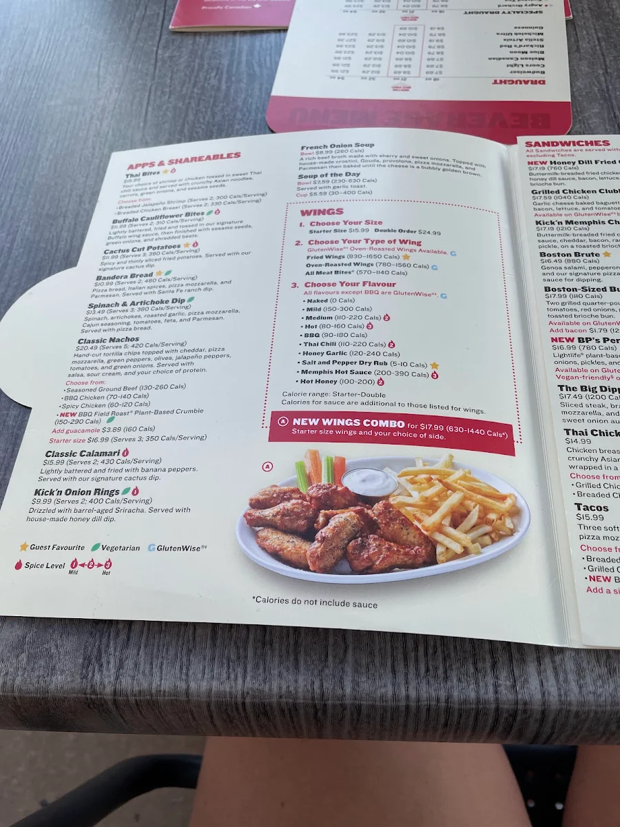 Menu, Boston Pizza