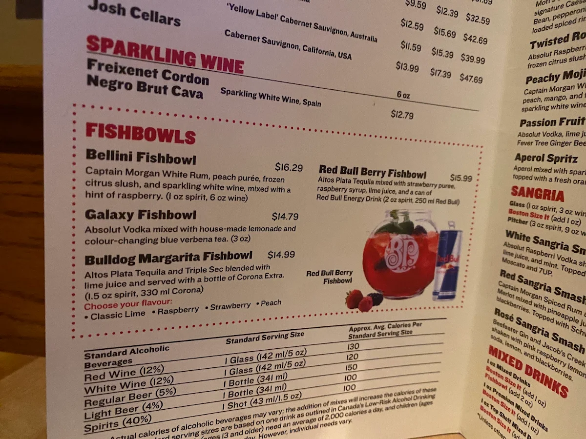 Menu, Boston Pizza