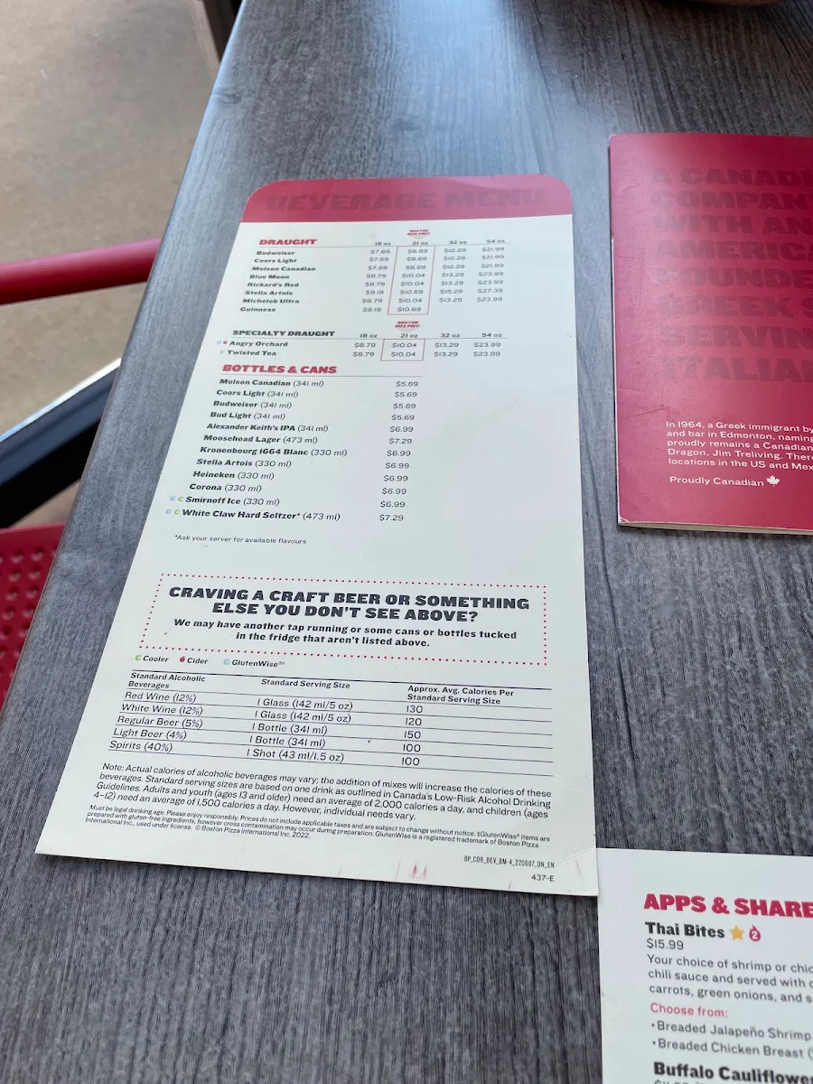 Menu, Boston Pizza
