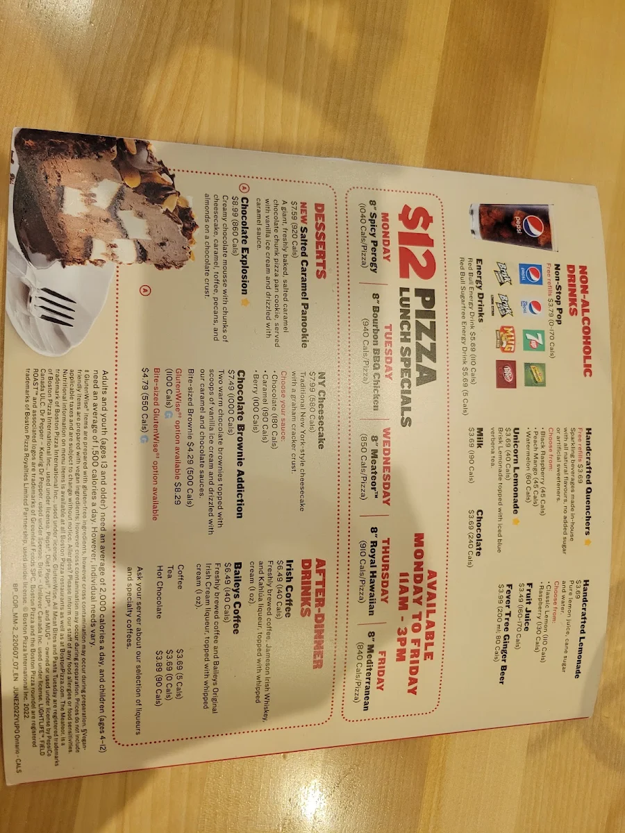 Menu, Boston Pizza
