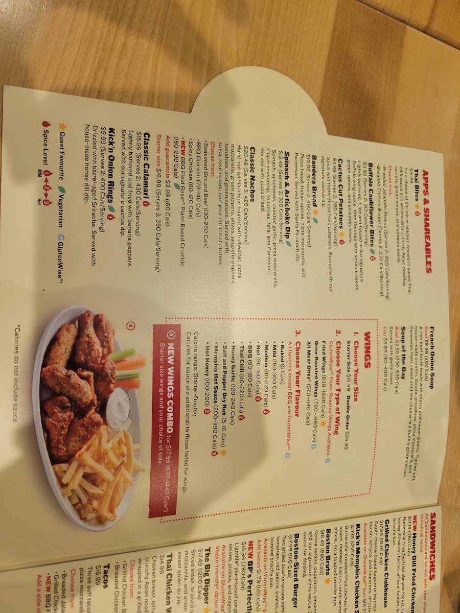 Menu, Boston Pizza