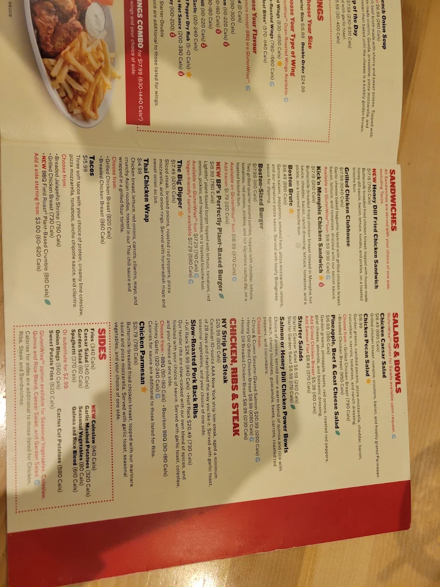 Menu, Boston Pizza