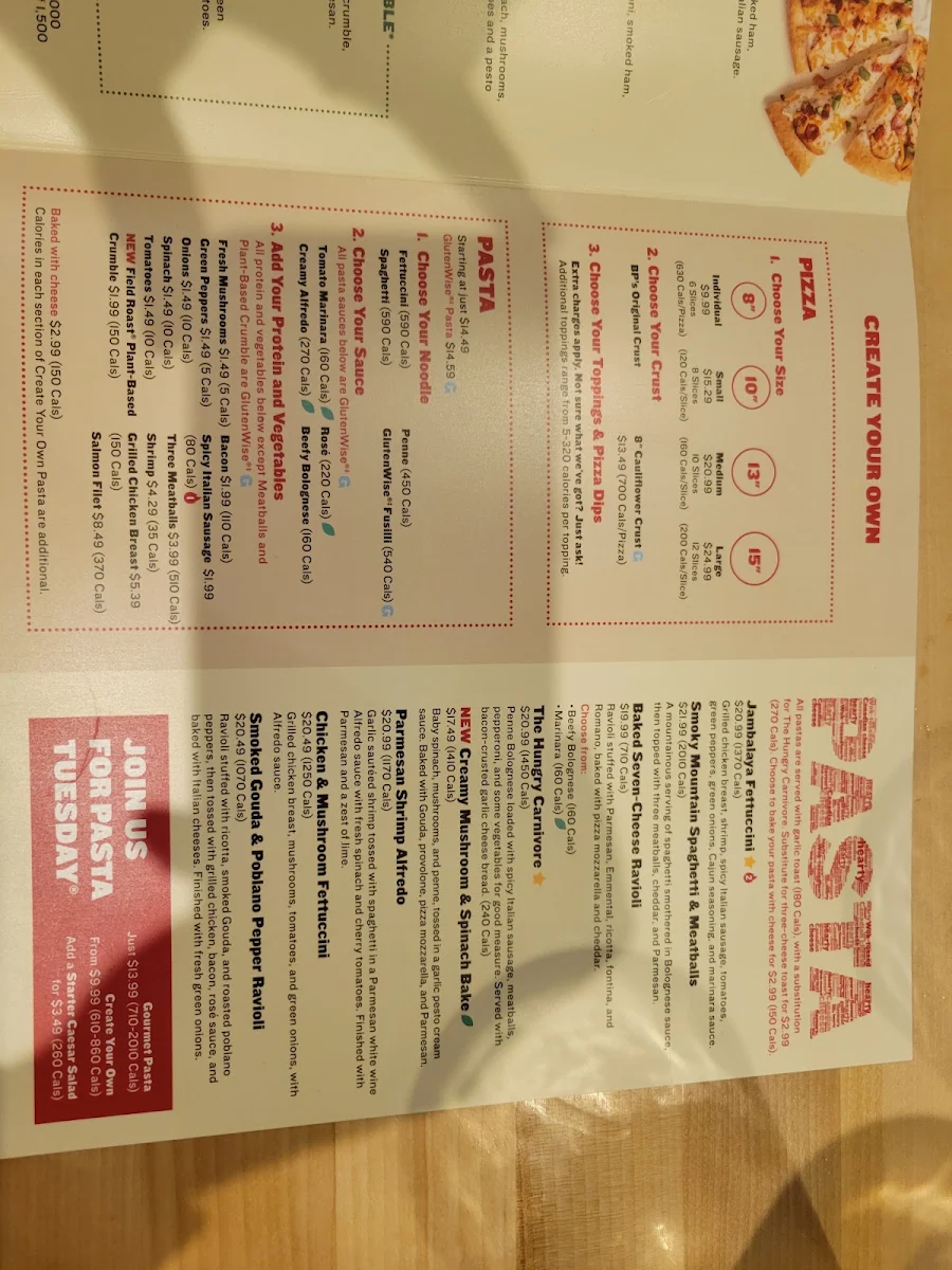 Menu, Boston Pizza