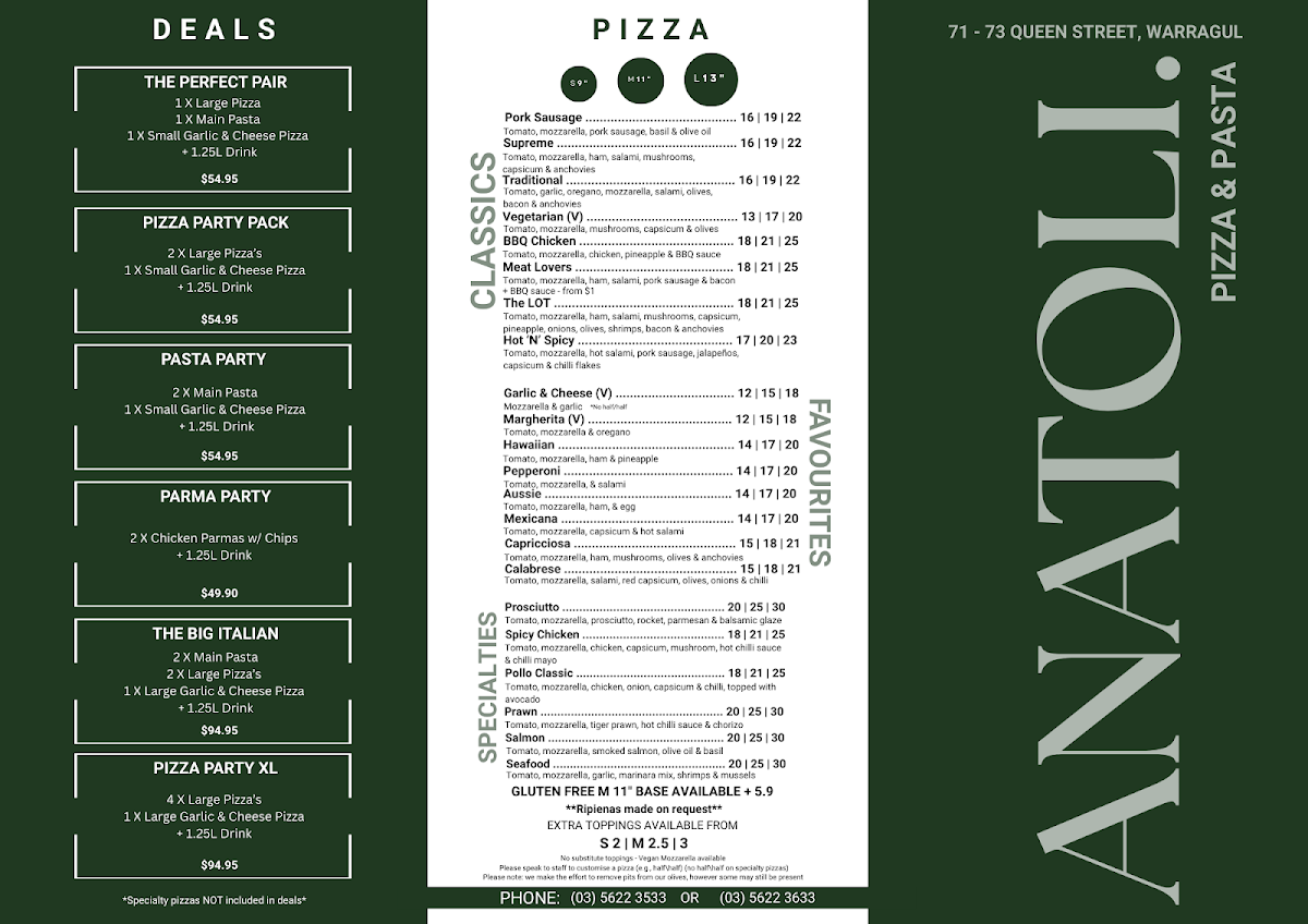 Menu, Anatoli Pizza & Pasta