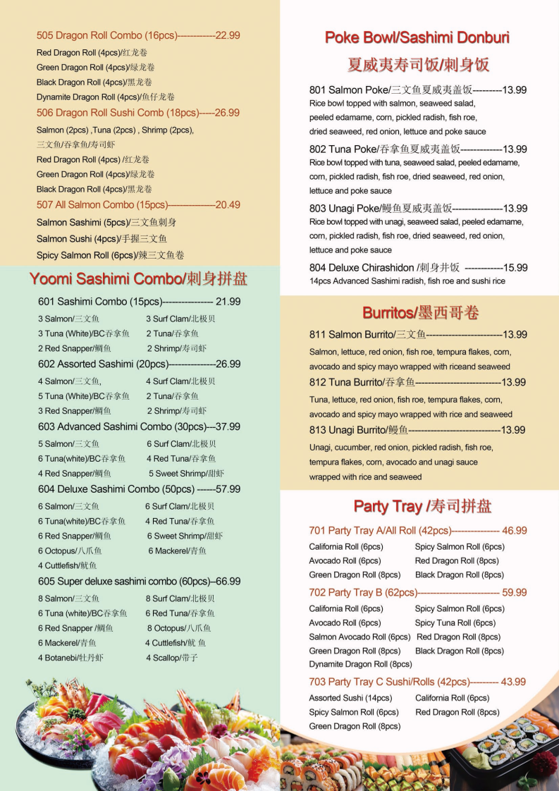 Menu, Yoomi Sushi