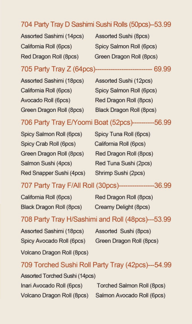 Menu, Yoomi Sushi