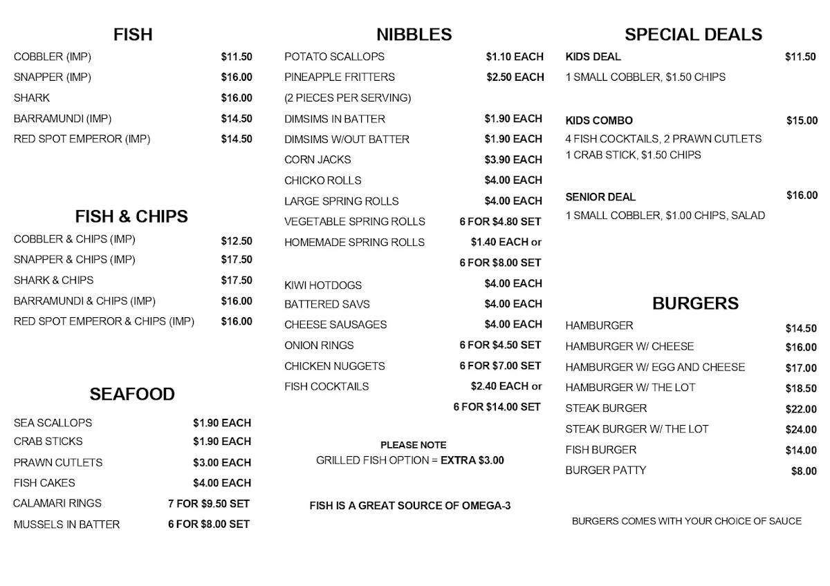 Menu, Jasons Food to Go Fish & chips