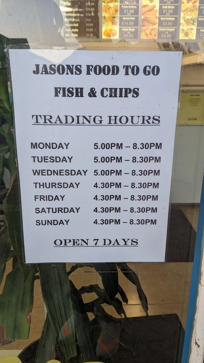Menu, Jasons Food to Go Fish & chips