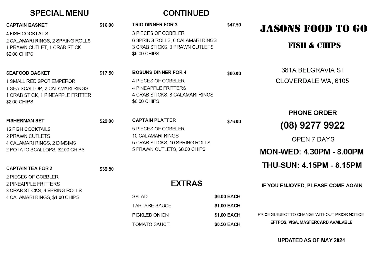Menu, Jasons Food to Go Fish & chips
