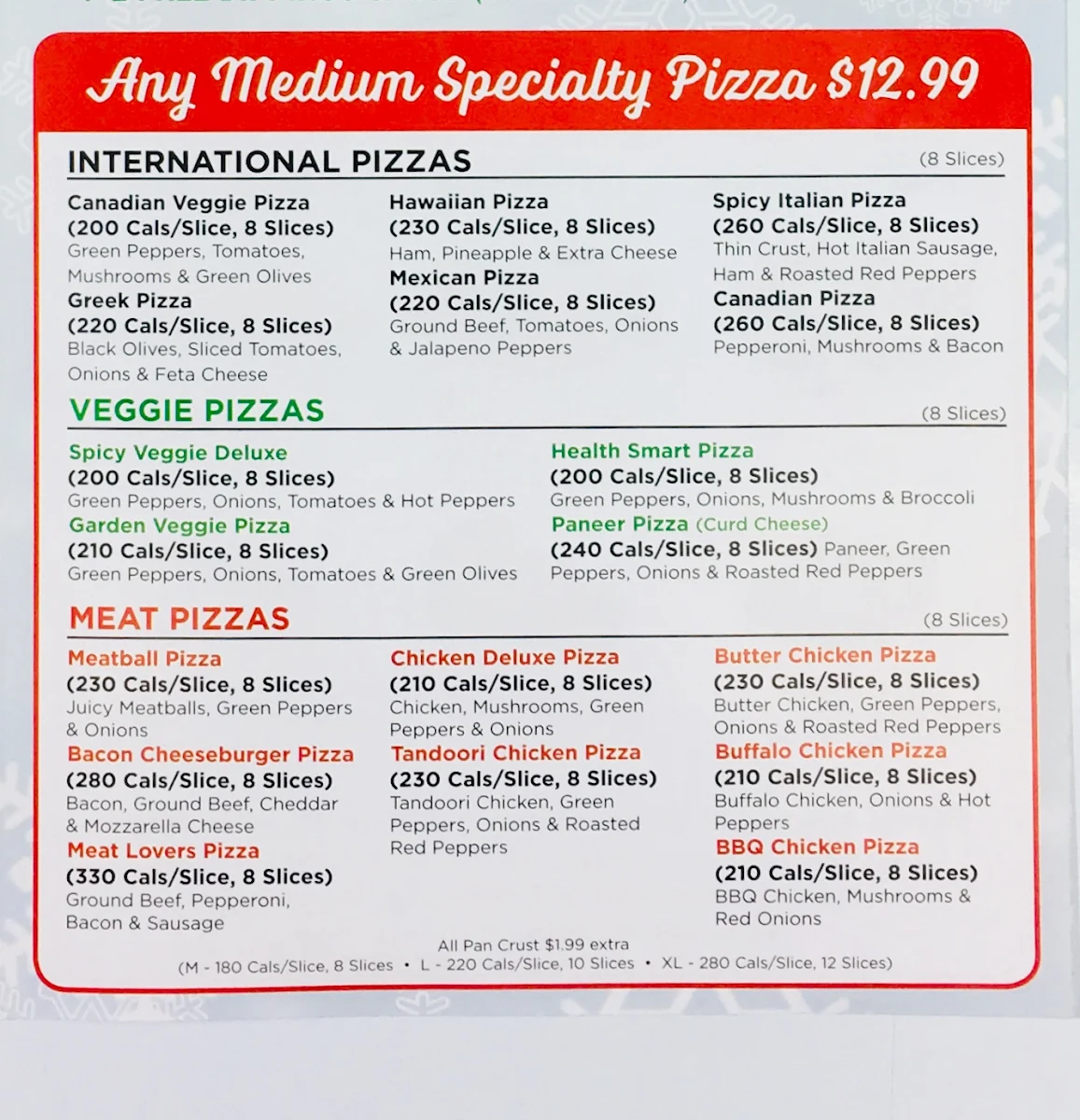Menu, Pizza Depot