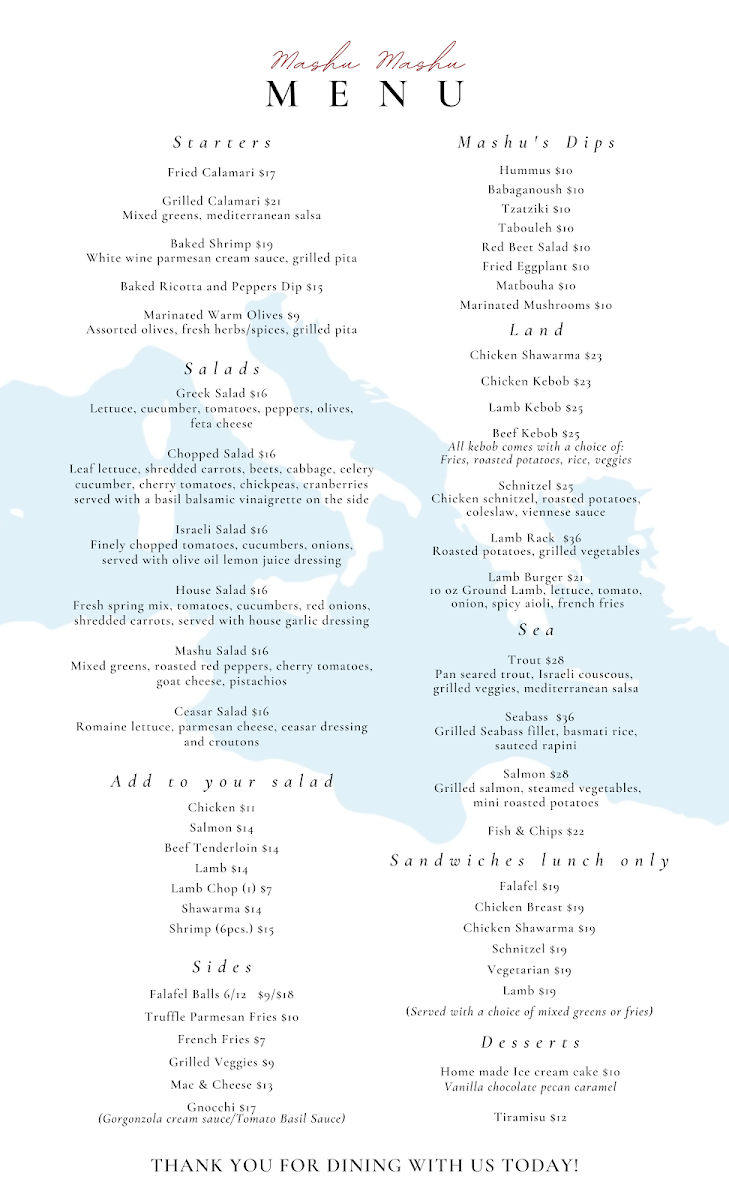 Menu, Mashu Mashu Mediterranean Grill