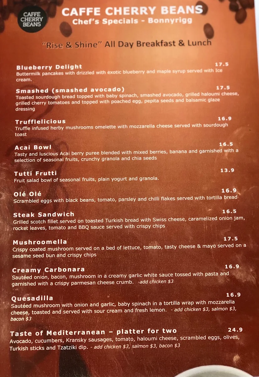 Menu, Caffe Cherry Beans Bonnyrigg