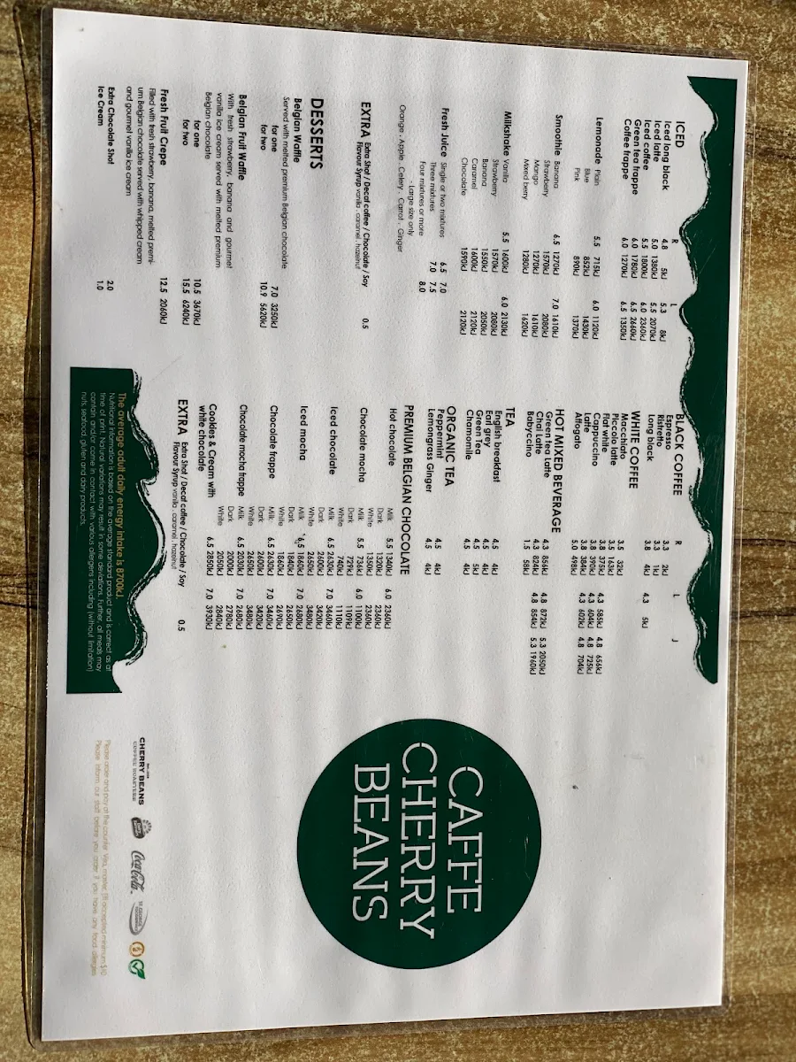 Menu, Caffe Cherry Beans Bonnyrigg