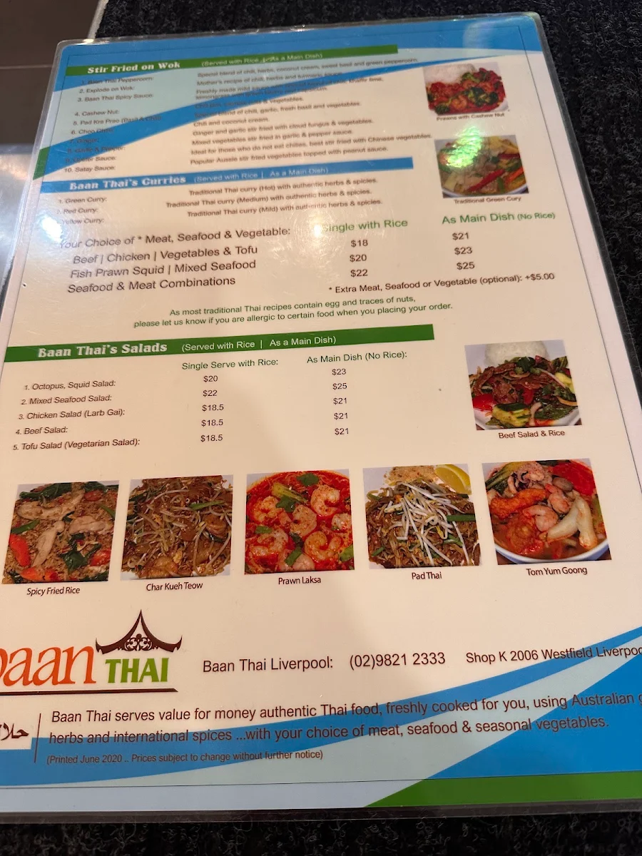 Menu, Baan Thai