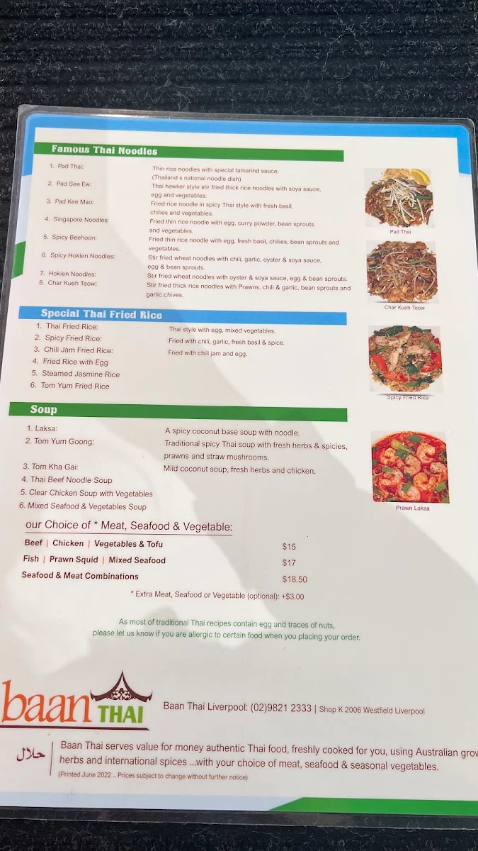 Menu, Baan Thai