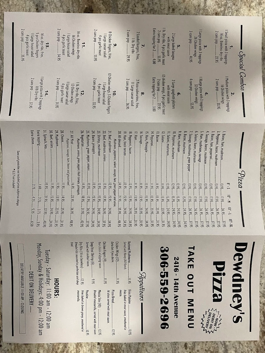 Menu, Dewdney’s Pizza