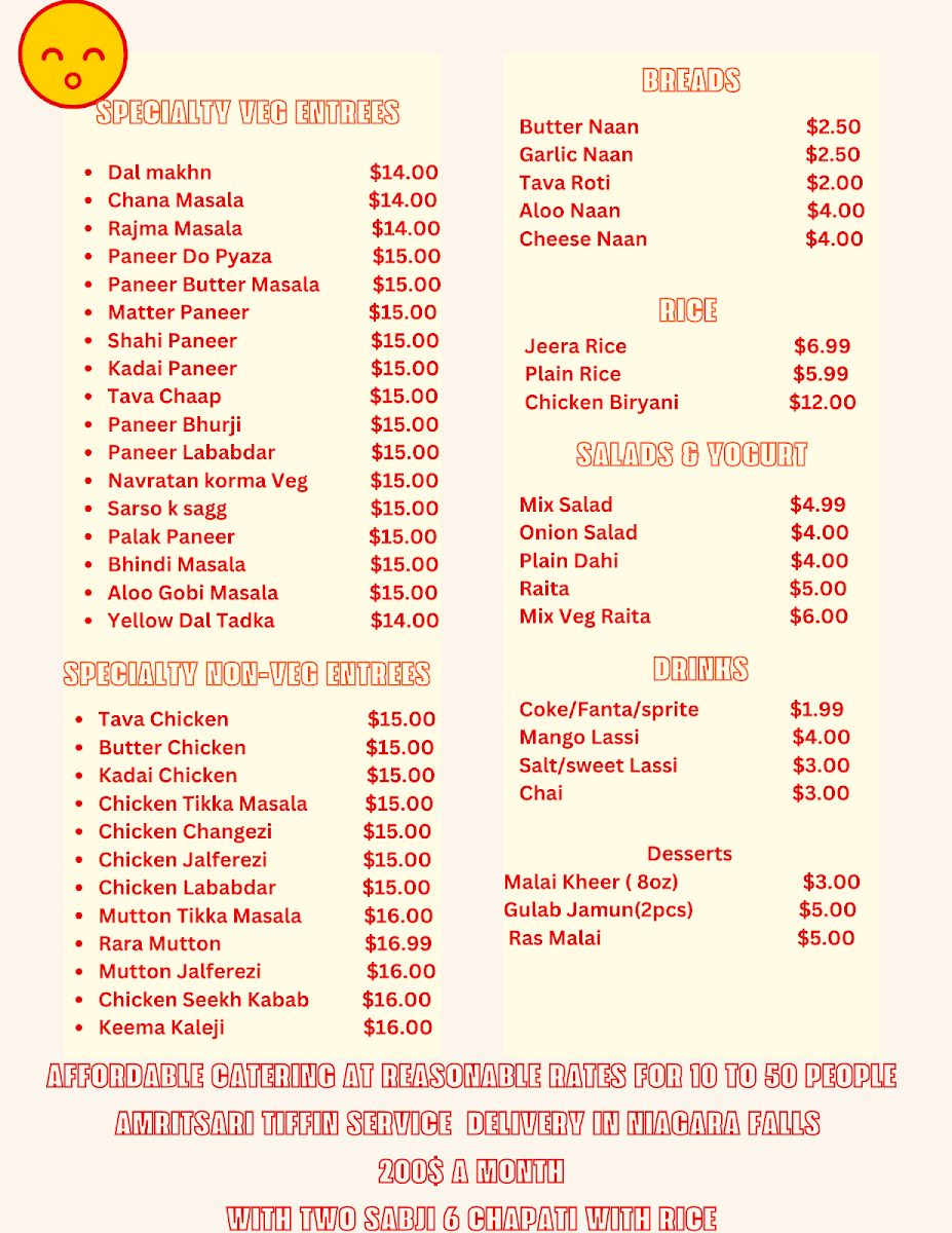 Menu, Amritsari Restaurant ( Tiffin Service )