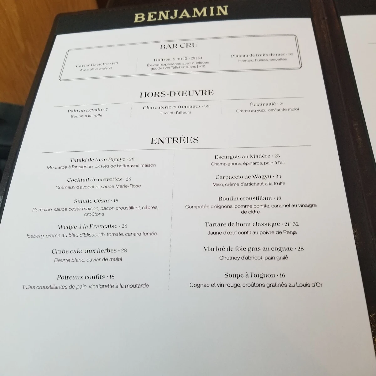 Menu, Restaurant Benjamin