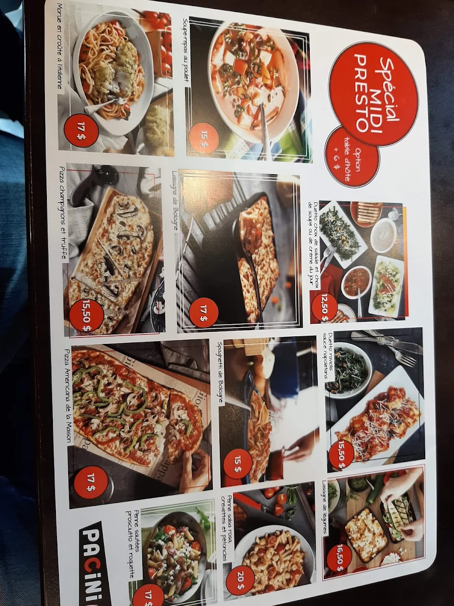 Menu, Pacini Saint-Hyacinthe