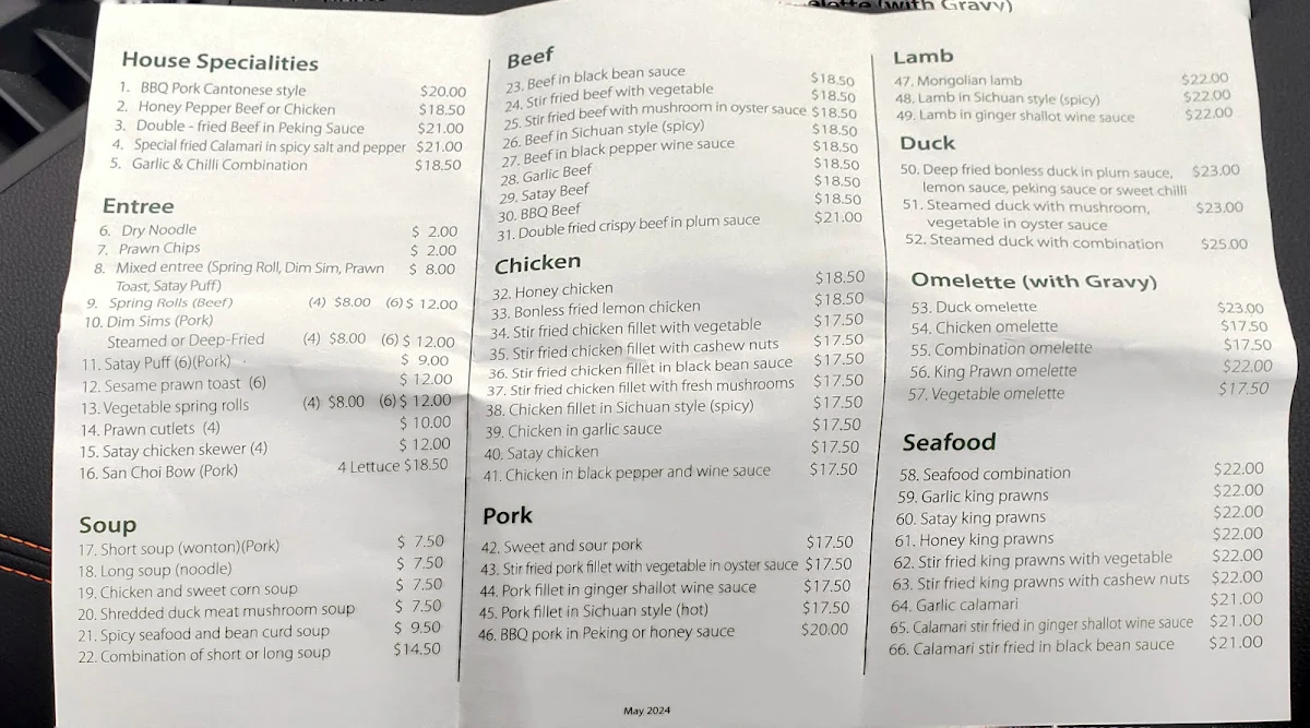 Menu, The Garden Restaurant