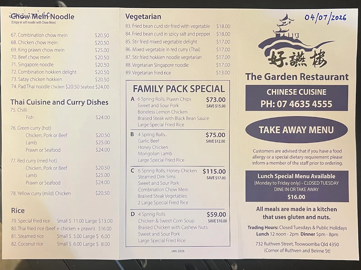 Menu, The Garden Restaurant