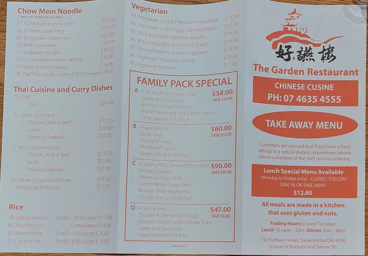 Menu, The Garden Restaurant