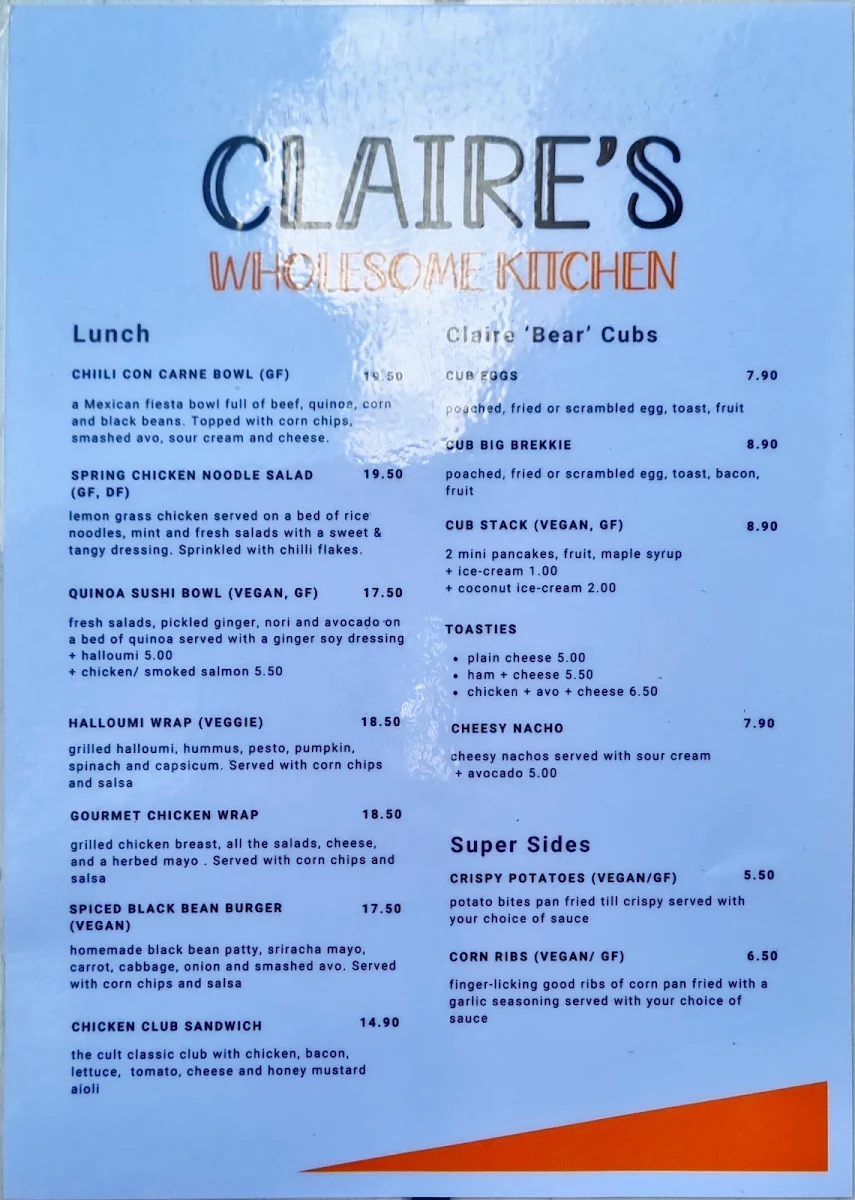 Menu, Claire's Wholesome Kitchen